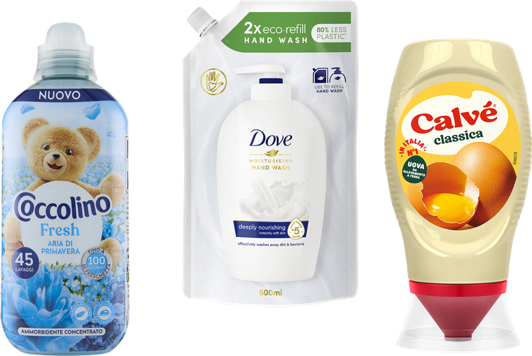 Tre prodotti Unilever che partecipano: Coccolino, Dove e Calvé